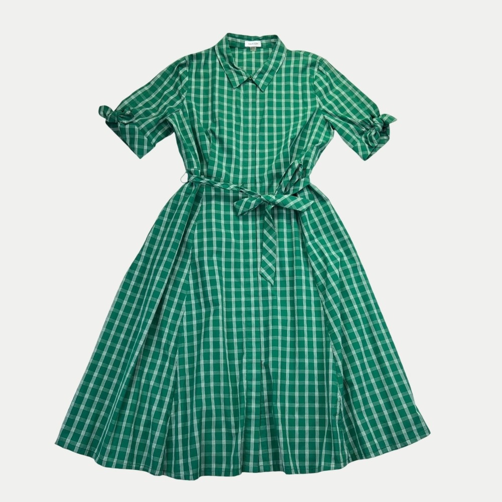 Calvin Klein Plaid Shirt Dress 16 Green White Gingham Pockets Teacher Cotagecore